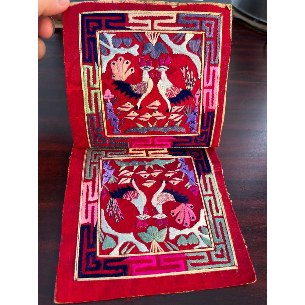 Rare VTG Asian Embroidered Textile Panels 5.5" Square Mandarin Ducks Dowry